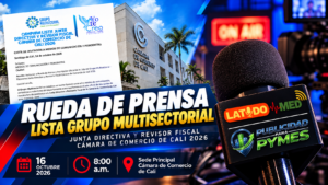 Micrófono de LatidoMed durante la cobertura periodística con entrevistas breves sobre la jornada del Grupo Multisectorial relacionada con la Cámara de Comercio de Cali 2026.